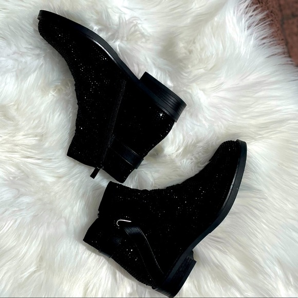 Italina Black Metallic Glitter Rhinestone Low Heel Comfy Slip-On Ankle Booties - Picture 5 of 6